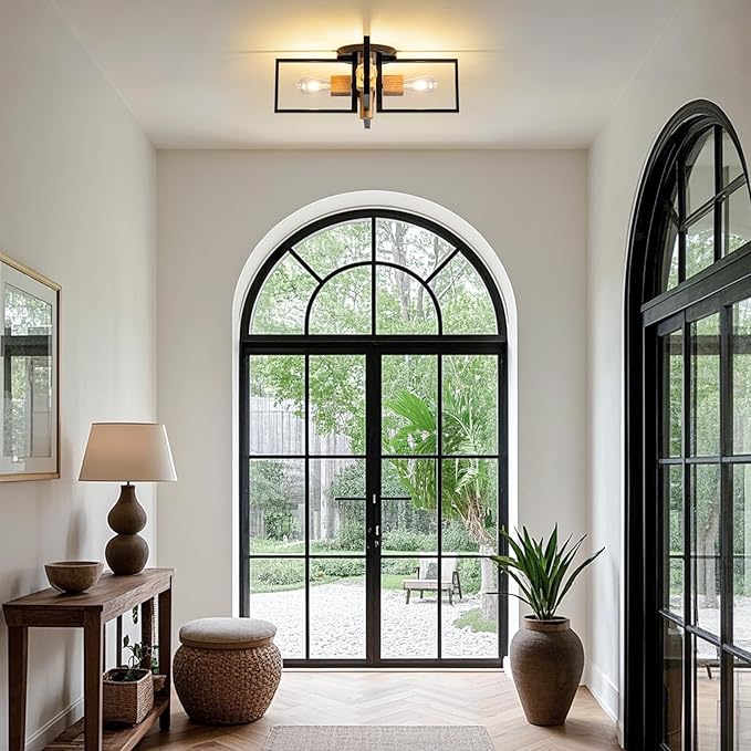 Industrial Ceiling Light Black 4 Light Semi Flush Mount Lights Wood Sputnik Light Fixture 24" Farmhouse Ceiling Light for Kitchen Bedroom Bathroom Foyer Hallway E26