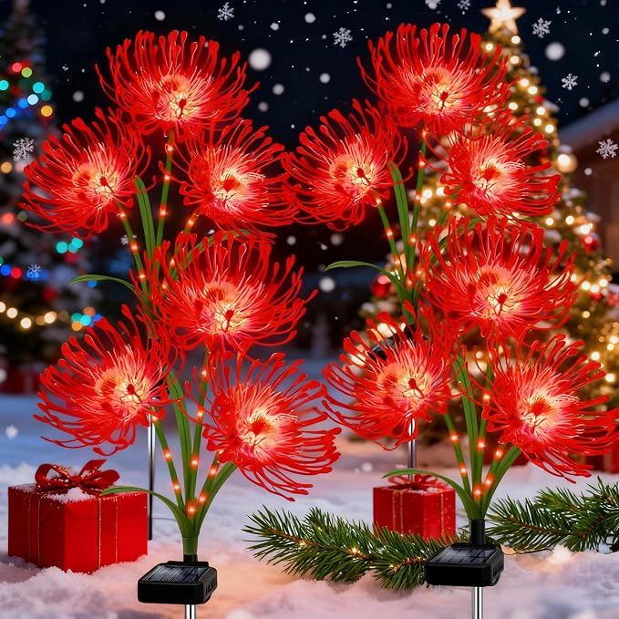 Solar Garden Flower Lights Outdoor, 4 Pack Red Spider Lily with Glowing Stems, Waterproof LED Yard Lawn Pathway Decor, Elegant Patio Garden Decoration, for Mom, Grandma, Women