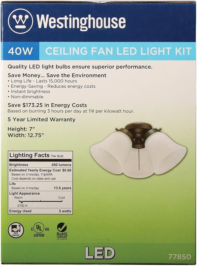 Westinghouse 7785000 Three-Light Led Cluster Ceiling Fan Light Kit, Oil Rubbed Bronze Finish with Frosted Ribbed Glass, White (Pack of 2)