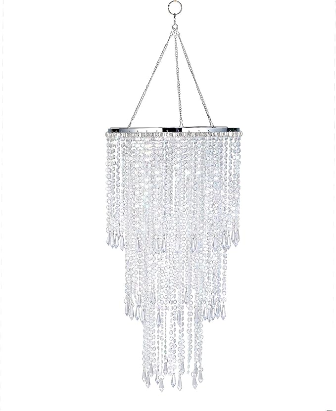 FlavorThings Modern Chrome Beaded Hanging Chandelier (W10.25 x H20”)，3 Tiers Beads Pendant Shade, Ceiling Chandelier Beaded Lampshade with Acrylic Jewel Droplets (Crystal Iridescent)