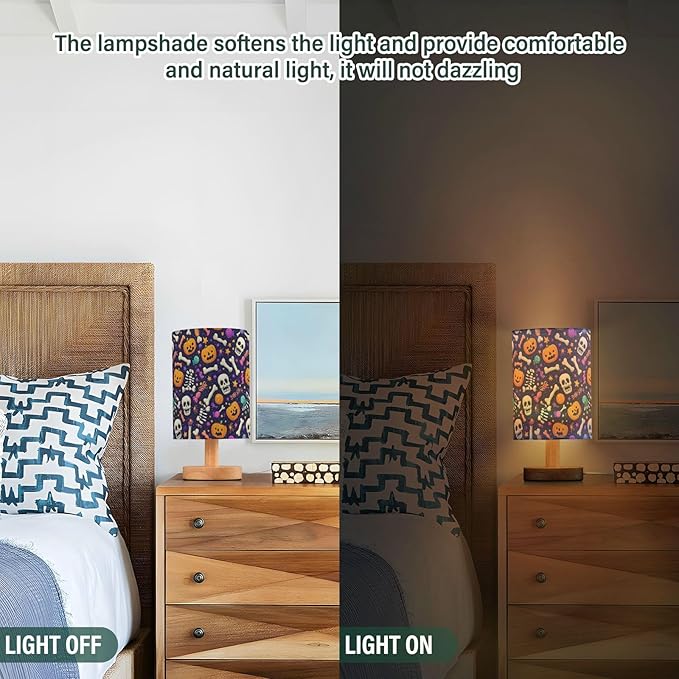 Aslsiy Halloween Bones Candies Pumpkin Bedside Table Lamp Nightstand Lamp Night Light Fabric Shade for Bedroom Living Room Home Office