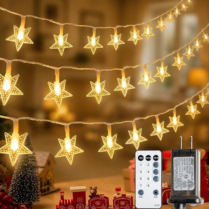 Star String Lights Plug in,39ft 100LED Fairy Lights with Remote, Hanging Star Decorations Lights Waterproof for Indoor Outdoor Bedroom Classroom Dorm Kids Tent Party Decor,Warm White