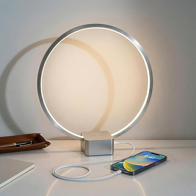 Brightech Circle LED Nightstand Lamp with USB Port – Compact Bed Stand Lamp for Bedroom, Living Room - Modern Asian Table & Desk Lamp on Side & End Tables - Titanium Sliver