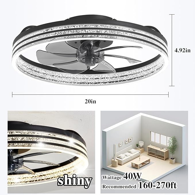 Ceiling Fans with Lights and Remote Fandelier - 20'' Black and White Flush Mount Low Profile Modern Ceiling Fans for Bedroom - Stepless Color Temperature and 6 Speeds
