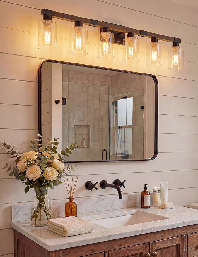 VOLISUN Farmhouse Bathroom Light Fixtures, 6 Light Bathroom Vanity Lights Over Mirror, Rustic Vanity Light for Bathrooms,Wood Bathrooms Lights Fixtures Over Mirror-UL Certificated