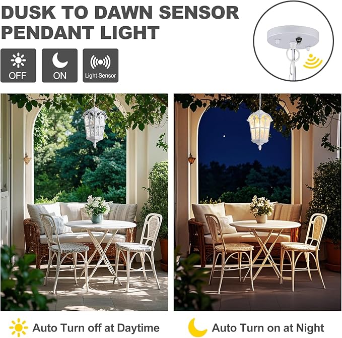 Dusk to Dawn Outdoor Pendant Light for Porch Patio Garden Yard, Anti-Rust Aluminium Exterior Hanging Light Fixtures, Outside White Hanging Ceiling Light, Height Adjustable Outdoor Pendant Lamp, 2 Pack