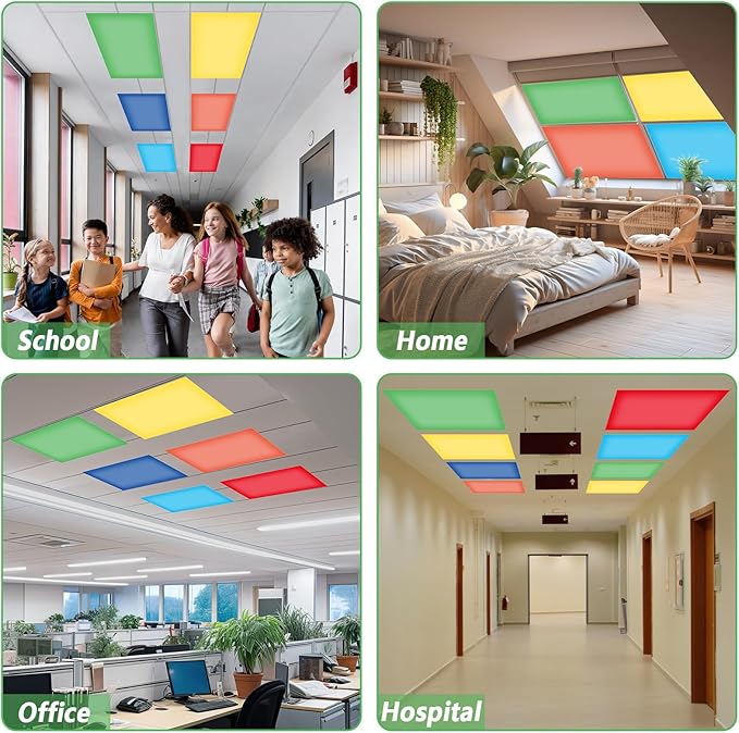 QOUBAI 6 Pcs Fluorescent Light Covers with 60 Magnets,4 x 2 Ft Magnetic Light Filters Fluorescent Lights Shade Easy Install for Classroom Office Library Hospital Home Ceiling Rainbow Colors