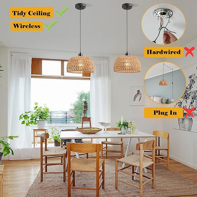 Battery Operated Pendant Light with Remote,Battery Hanging Light Rattan Woven Chandelier No Wiring Needed,Rechargeable Light Bulb 50+Hours Continue Use,Perfect for Kitchen Islands Ceiling Lighting