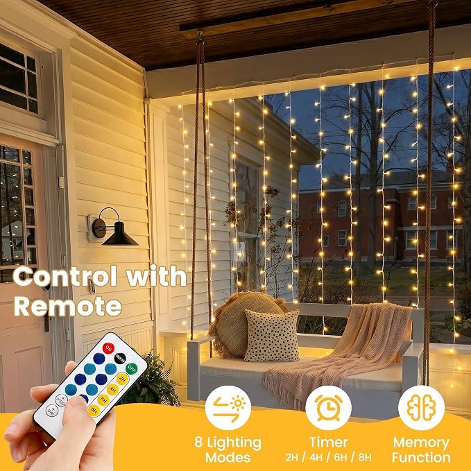 HEYFUNi 6.6ft x 6.6ft Warm White Curtain Lights Plug in - 200 LED Window String Lights with Remote, 8 Modes, Timer & Memory, Connectable Fairy Lights for Bedroom Wall Wedding Dorm Decor, Warm White