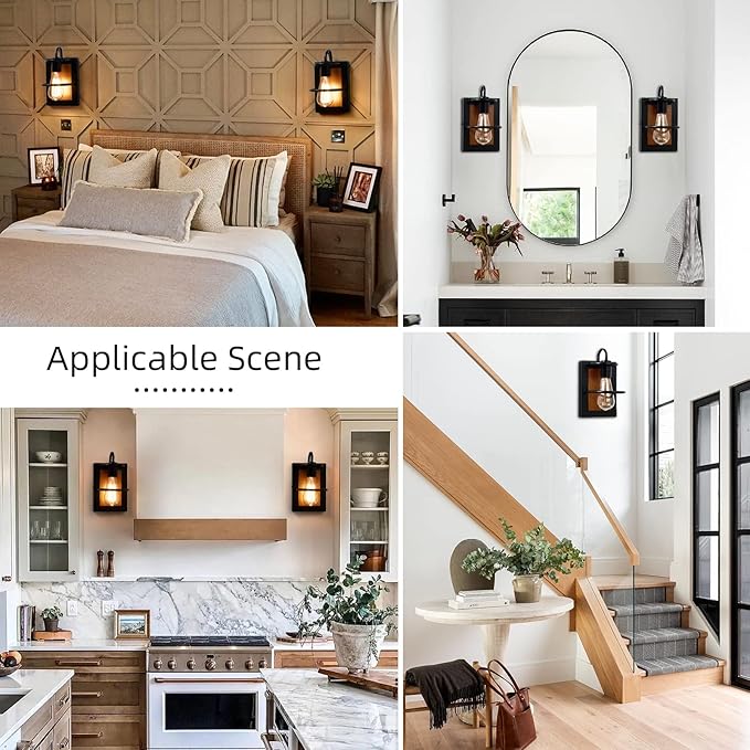 Farmhouse Wall Sconces Lamp Set of Two,Modern Industrial Wall Sconces Lighting Indoor with E26 Base Faux-Wood Color Matte Black Finish,Vintage Wall Mount Light Fixture for Bedroom Living Room Stairway