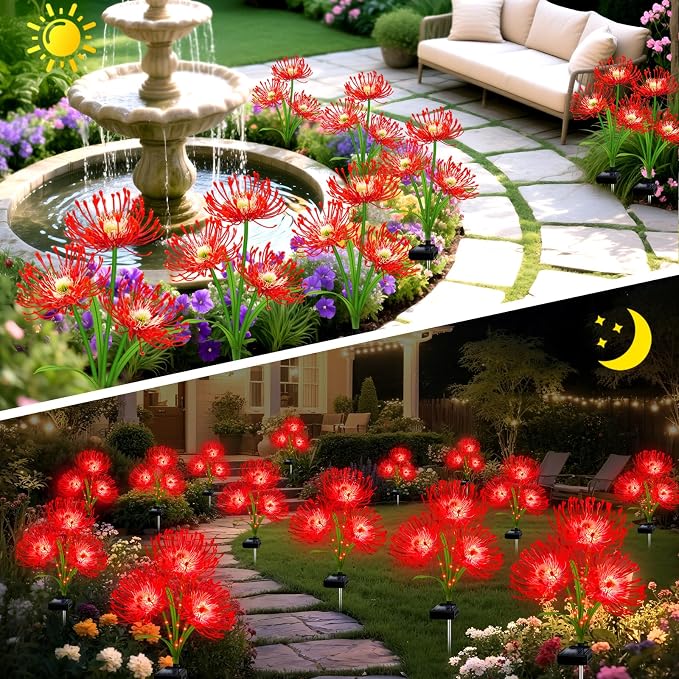 Solar Garden Flower Lights Outdoor, 8 Pack Red Spider Lily with Glowing Stems, Waterproof LED Yard Lawn Pathway Decor, Elegant Patio Garden Decoration, for Mom, Grandma, Women