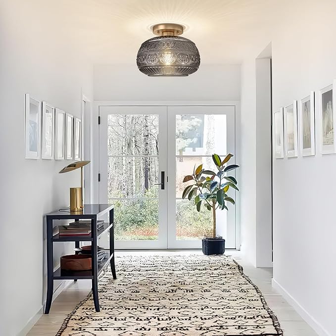 Semi Flush Mount Ceiling Light Fixture, 11" Vintage Gold Hallway Lights Fixture Ceiling with Grey Glass for Kitchen, Hallway, Bathroom and Entry Way,Compatible with E26 Light Bulb