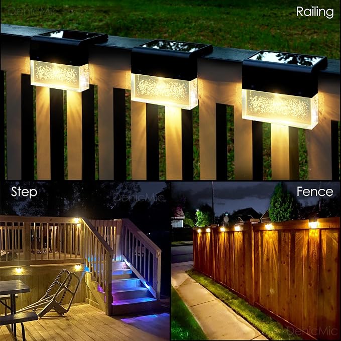 DenicMic Solar Deck Lights Outdoor Waterproof 6 Pack Fence Step Patio Decor | Warm White/Color Changing LED Outside Stair Railing Wall Pool Side Yard Garden 10 Lumen Acrylic Bubble Square Lampshade ABS