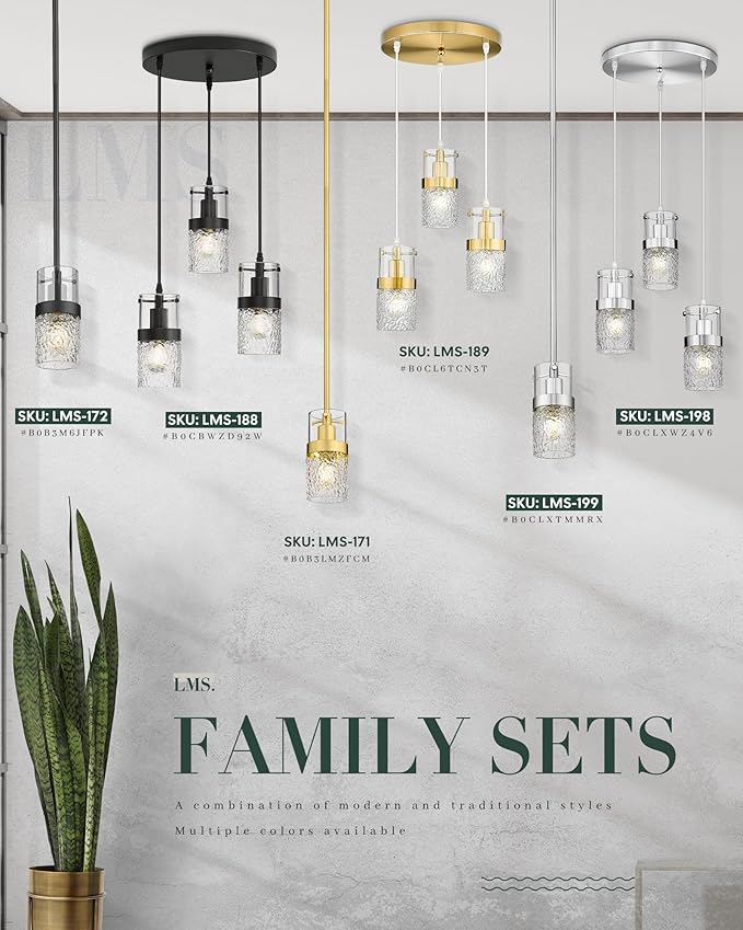 LMS Gold Pendant Light, 1-Light Pendant Lighting for Kitchen Island with Hammered Glass, LMS-171