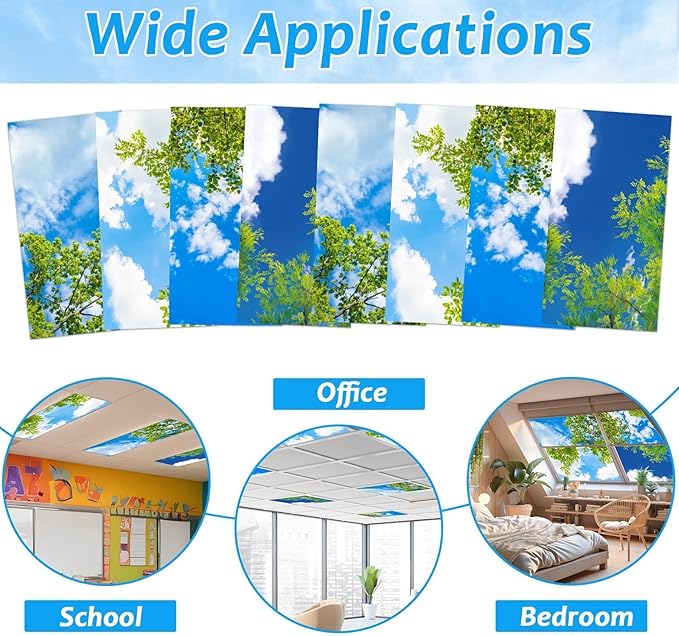 8 Pcs Fluorescent Light Covers with 80 Magnets Decorative for Classroom Ceiling Light 4 x 2 Feet Magnetic Light Covers Filter Easy Install for Office Hospitals & Home Drop Ceiling Supplies(Cloud Sky )