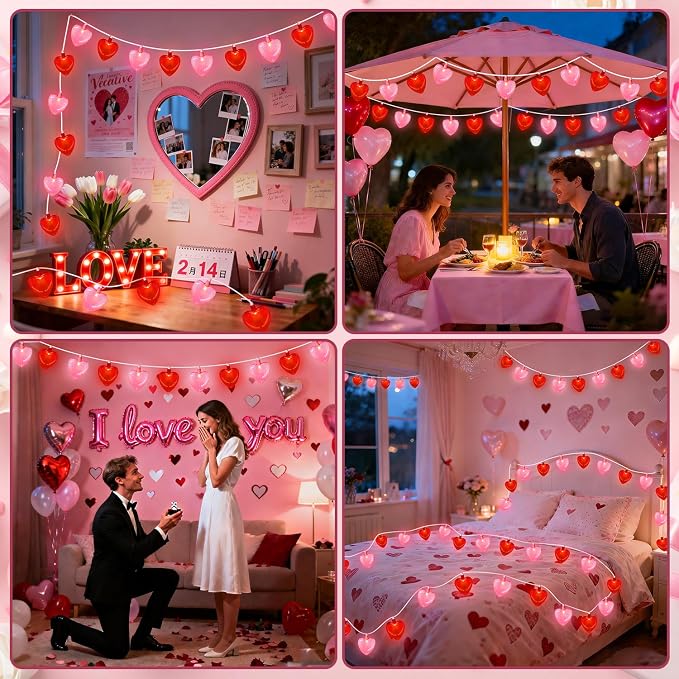 8.5Ft Red & Pink Heart String Lights, Valentine's Day Decorations Light with 10 LED Red Pink Glitter Heart Lights, Connectable Romantic Fairy Light for Wedding Valentine Anniversary Party Decor