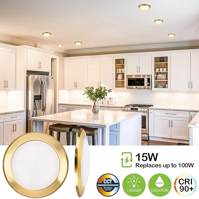 hykolity 5/6 Inch Selectable CCT LED Disk Light Flush Mount, 3000K/4000K/5000K, Dimmable Recessed Retrofit Ceiling Light, CRI90, 1050lm, 15W, Installs Into Junction Box or Recessed Can, Gold, 12 Pack