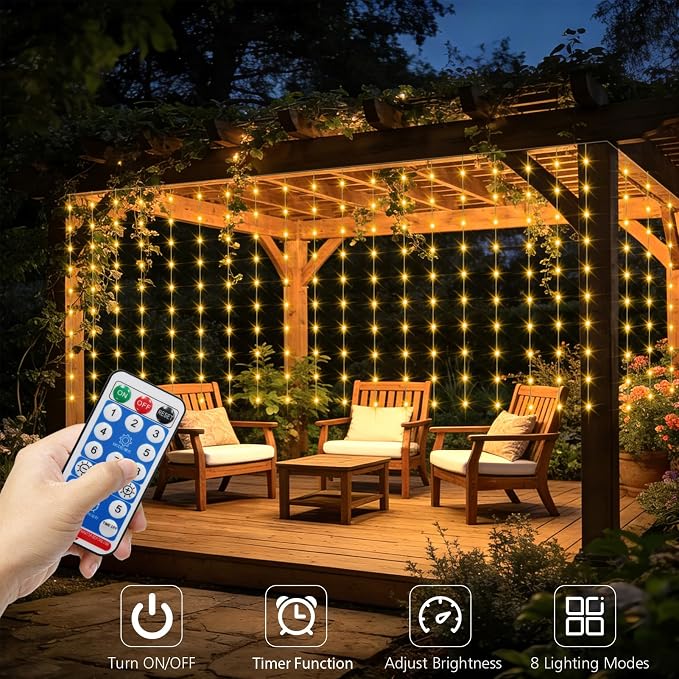 DBFAIRY Solar Curtain Lights 200 LED Outdoor Curtain Lights Waterproof | 13 x 3.9ft Solar Twinkle Curtain Lights with Remote Timer Dimmable for Garden Party Wedding Decór, Warm White