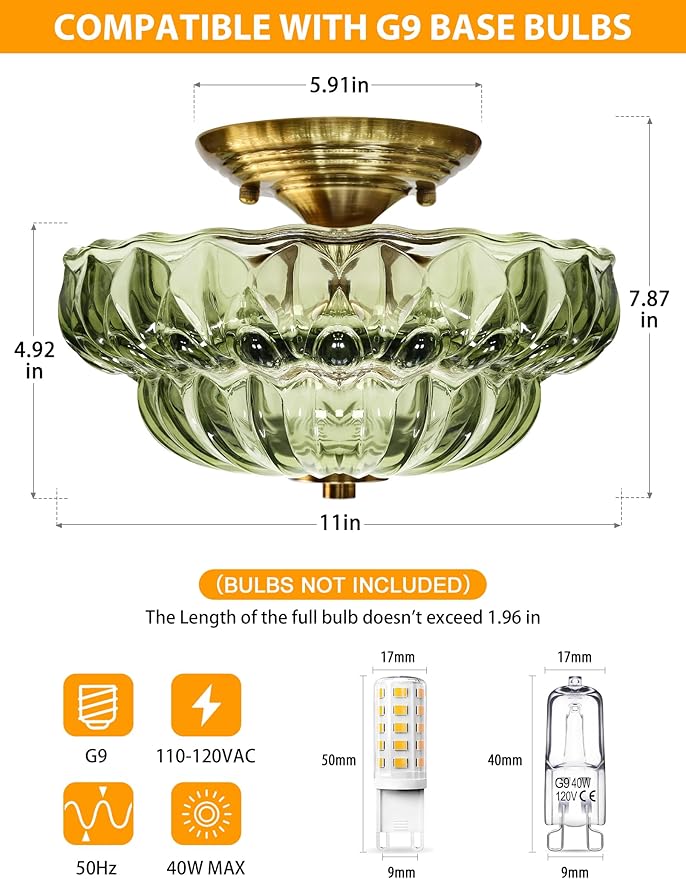 Semi Flush Mount Ceiling Light,11IN Vintage Gold Hallway Lights Fixture,3-Bulb Globe Green Glass Close to Ceiling Light for Bathroom, Hallway, Dining Room,Bulb Not Included