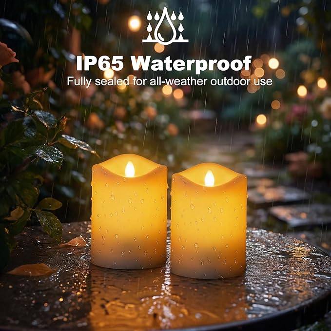 Solar Candles Outdoor Waterproof,Flameless Pillar IP65 Waterproof White Fake Candle,Dusk to Dawn,Solar Powered LED Candles for Patio Yard Table Deck Window Outdoor Lantern Decor,3"x4", Set of 2