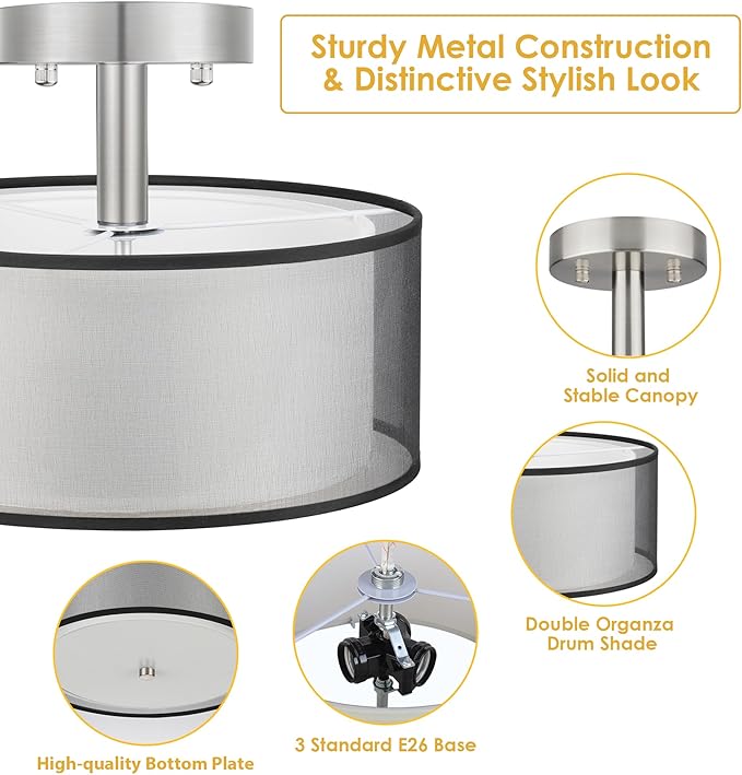 FOLKSMATE Semi Flush Mount Ceiling Light Fixture, 3-Light Drum Light with Double Fabric Shade, Modern Black Close to Ceiling Lighting for Living Room, Bedroom, Dining Room, Kitchen, Hallway, Entry
