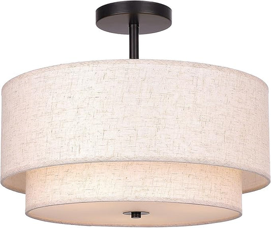 FRIDEKO HOME Ceiling Light Fixture-15.7 inch Light Fixtures Ceiling Mount with 2-Layer Fabric Shade Drum Light Fixture for Bedroom Living Room Kitchen Foyer Hallway