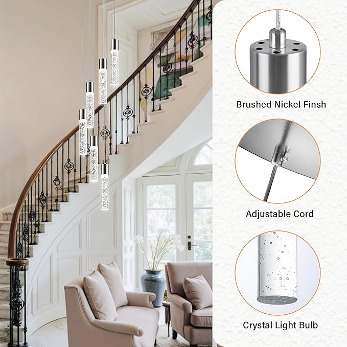 Pendant Lights Kitchen Island, Modern Kitchen Island Lights, Ceiling Lighting Fixtures with Crystal Bubble, Integrated LED Hanging Light Nickel 1 Pack(6-Light)