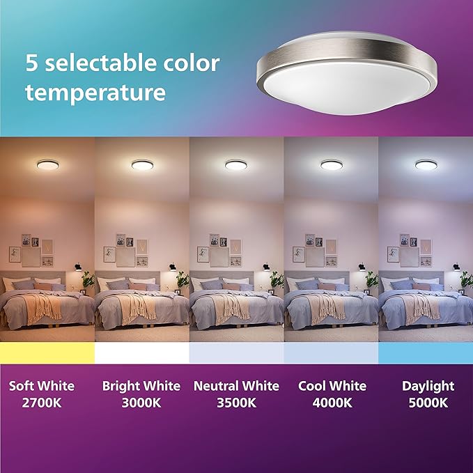 Philips LED 11" Flush Mount Ceiling Light 1-Pack, Selectable White Multi-CCT Brushed Nickel, 1200 Lumen (16W = 75W) Dimmable Ceiling Light, Frosted Flicker-Free, No Bulbs Required