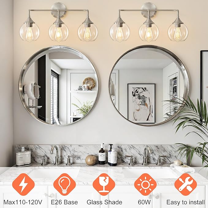 Bathroom Light Fixtures 3 Light Bathroom Vanity Light with Clear Glass Shade, 22 inch Vanity Lighting Fixtures Over Mirror, Vanity Lights Fixture (Exclude E26 Bulb) - Brushed Nickel