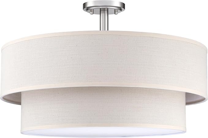 4 Light Semi Flush Mount Close to Ceiling Light Fixture,Cream Linen Fabric Shade Brushed Nickel Finish 20 inch for Bedroom,Living Room,Dining Room Hallway