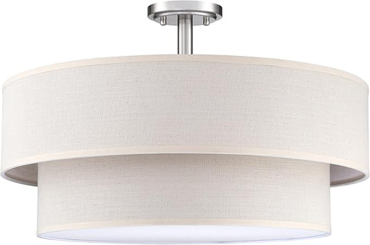 4 Light Semi Flush Mount Close to Ceiling Light Fixture,Cream Linen Fabric Shade Brushed Nickel Finish 20 inch for Bedroom,Living Room,Dining Room Hallway