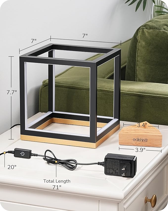 EDISHINE Modern LED Table Lamp, Minimalist Bedside Lamp with Solid Wood Base, 3 Way Dimmable, 3000K/4500K/6000K, 470LM, Black Gold Square Geometric Nightstand Lamp for Living Room, Bedroom, Office