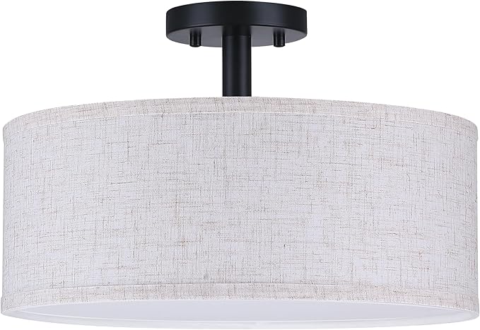 15 Inch Drum Black 3 Light Semi Flush Mount Close to Ceiling Light Fixture,Linen Fabric Shade for Bedroom,Living Room,Dining Room Hallway