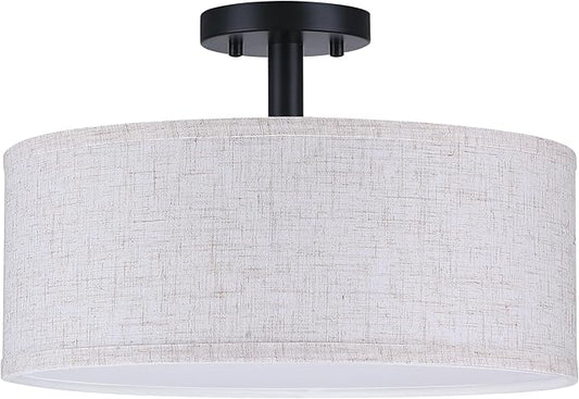 15 Inch Drum Black 3 Light Semi Flush Mount Close to Ceiling Light Fixture,Linen Fabric Shade for Bedroom,Living Room,Dining Room Hallway
