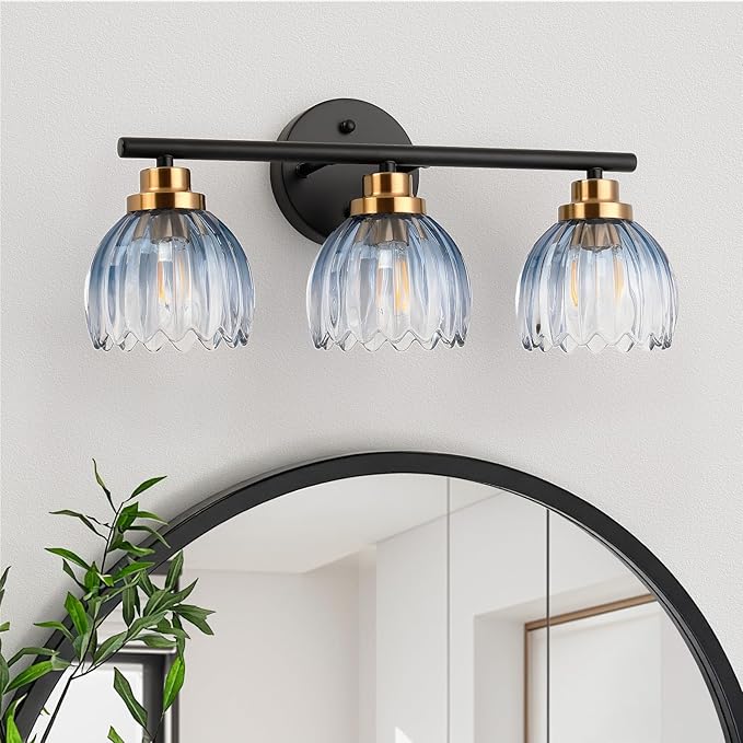 TALOYA Bathroom Vanity Light Fixtures, 3-Light Modern Black and Gold Wall Lights Over Mirror with Gradient Blue Tulip Glass Shades Bathroom Wall Lamp for Mirror, Living Room,Hallway, Farmhouse