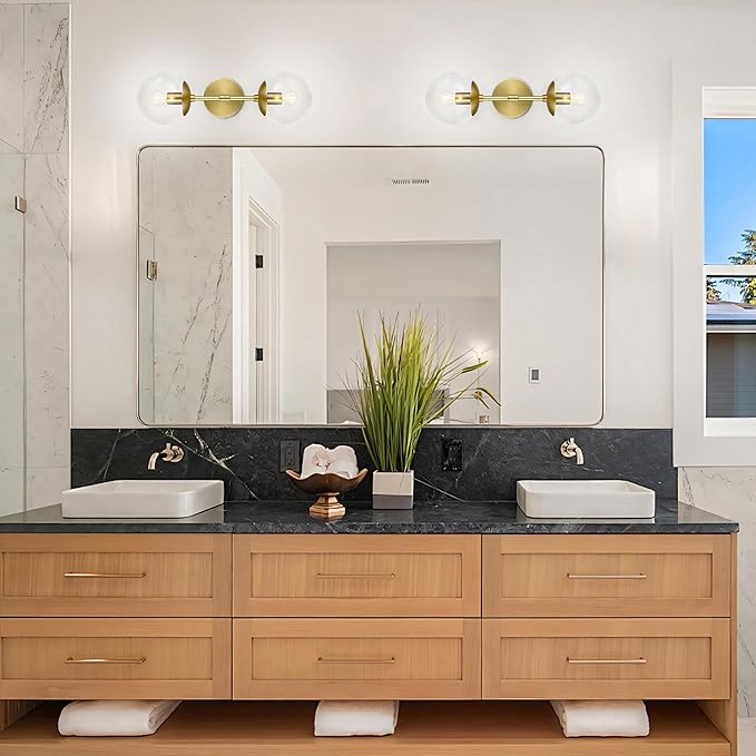 KoKo&Yukina Mid Century Modern Bathroom Vanity Light, 2 Light Globe Sconce, Gold, W 7.7'' x H 19'' x D4.7''