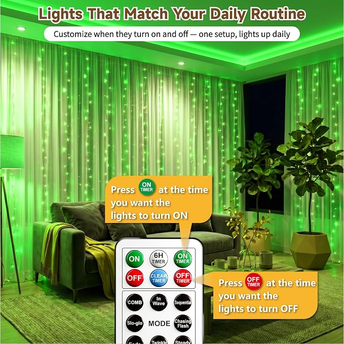 HXWEIYE 300LED Untangled Curtain Lights, 9.8x9.8Ft USB Fairy Twinkle String Lights with Remote and DIY Timer, 8 Modes Window Wall Hanging Light for Bedroom Dorm Backdrop Room Decor, Green