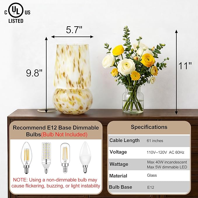 9.8 Inch Mushroom Table Lamp, UL Listed Dimmable Small Desk Bedside Lamp with Woven Beige Cord, Handcrafted Pattern, Murano Home Decor for Bedroom, Living Room, Entryway, Cream Gold, No Bulb Included