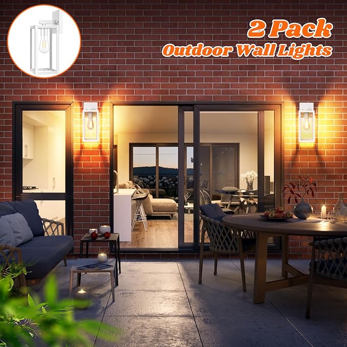 Brightever 2-Pack Outdoor Wall Light Fixtures, Waterproof Anti-Rust Outside Wall Sconce Lantern with Clear Glass, Exterior Front Porch Lights for House Garage Doorway, Bulbs Not Included, White