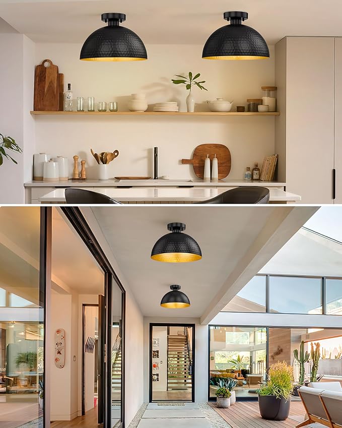 ELYONA Hammered Semi Flush Mount Light Fixture, 12 inch Farmhouse Ceiling Light Fixture with Modern Black and Gold Finish for Bedroom, Bathrooms, Hallway, Kitchen, Porch, Laundry, Foyer