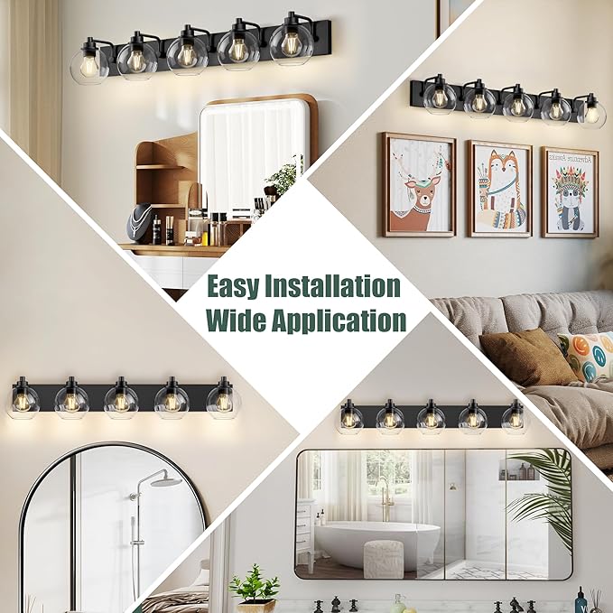 Espird 5 Light Bathroom Light Fixtures-Matte Black Bathroom Vanity Lights, Modern Vanity Lights 5-Light Bathroom Lighting Fixtures Over Mirror with Clear Glass Globe Shade