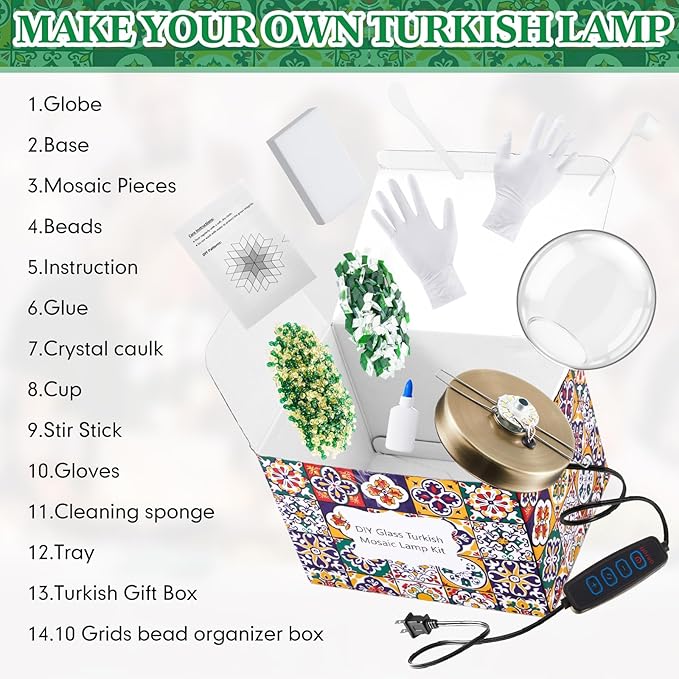 Baquler Turkish Mosaic Lamp Kit DIY Stained Glass Decorative Table Bedside Night Light Tabletop Bohemian Moroccan Lamp Craft Kit for Living Room Decorations(Green)
