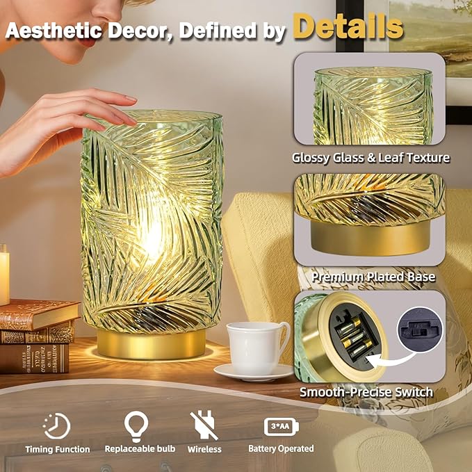 Battery Operated Table Lamp, Cordless Lamps for Home Decor, Battery Powered Nightlight with LED Bulb with Timer, Decorative Lights for Living Room Bedroom Tabletop Entryway Centerpiece Gift(L LGreen)