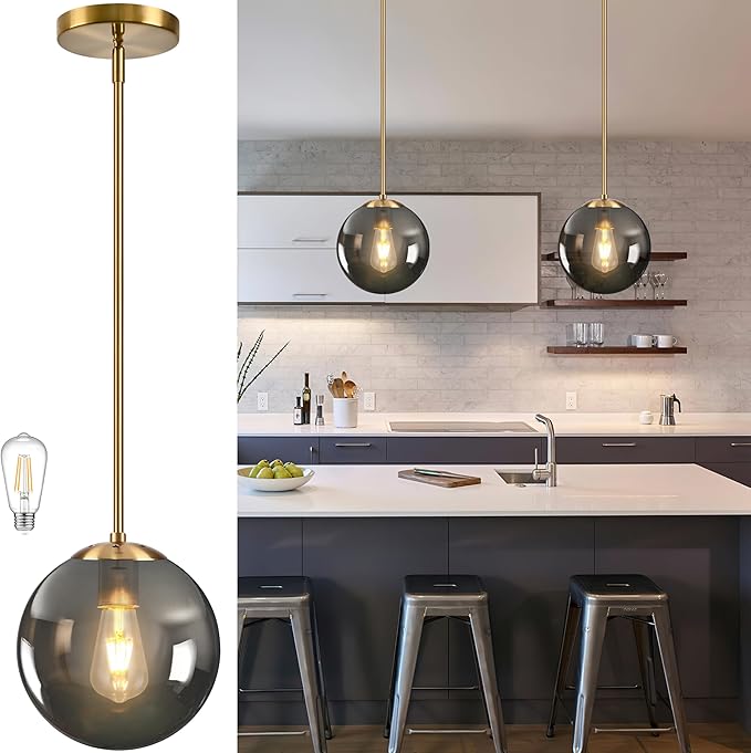 Bagood 10 Inch Globe Pendant Light Gold Globe Pendant Lights Kitchen Island Mid Century Light Fixture with Gray Clear Glass Contemporary Adjustable Hanging Lights for Dining Room (Bulb Included)