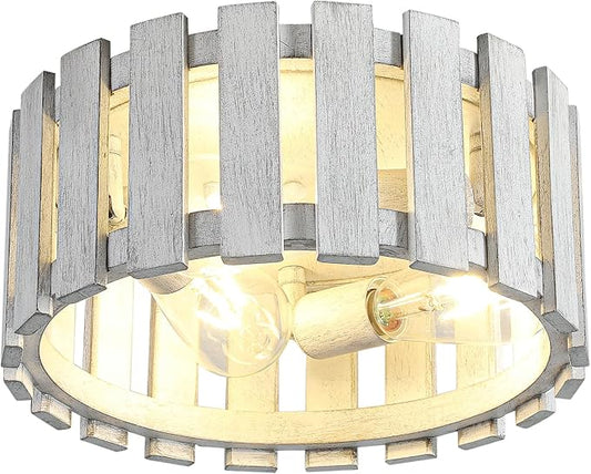 Farmhouse Flush Mount Ceiling Light, 12.2 Inch 3-Light Metal and Wood Close to Ceiling Light Fixture, White Hallway Light Fixtures Ceiling, Rustic Drum Ceiling Light for Kitchen, Entryway, Hallway