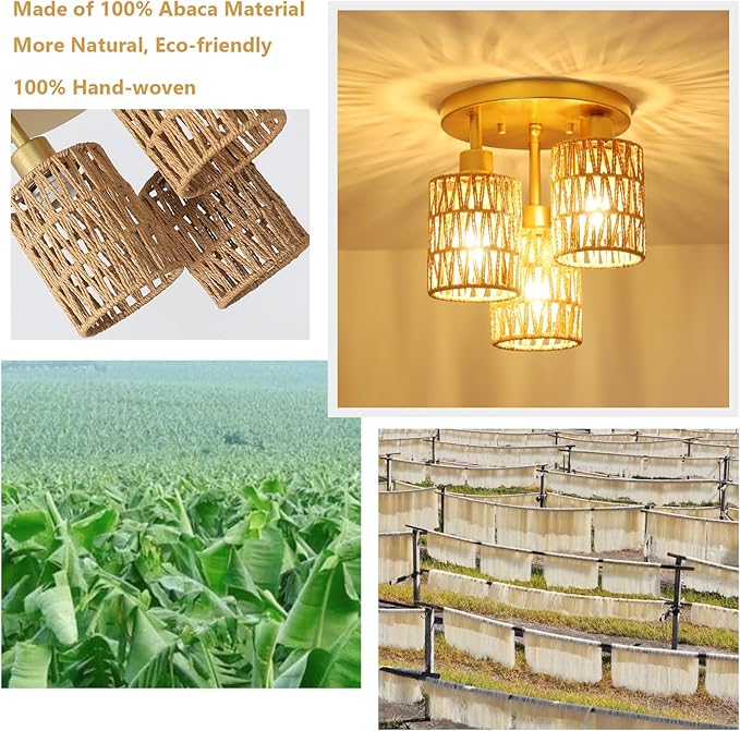 3-Lights Boho Light Fixtures - Farmhouse Rattan Light Fixture with Woven Cage Shade, Gold Semi Flush Mount Ceiling Lights for Bedroom, Kitchen, Hallway