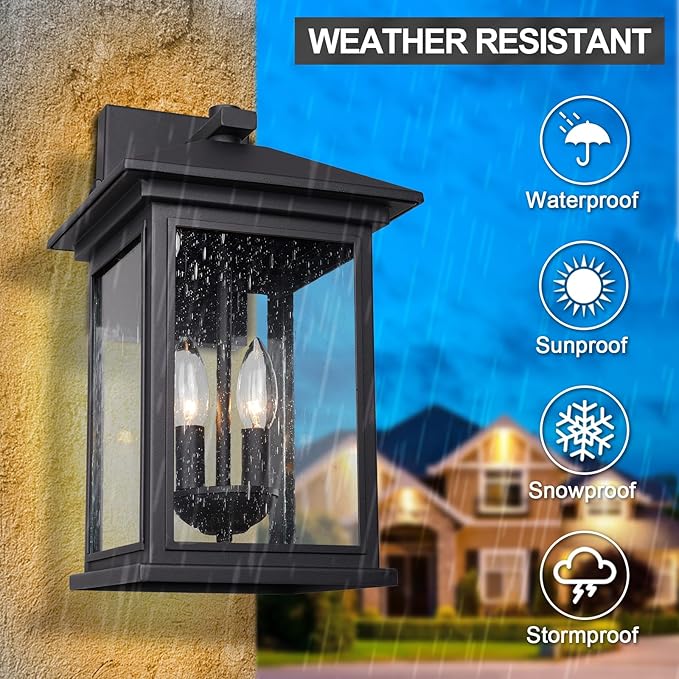 Treekee Outdoor Wall Light Fixtures, 16 Inch Waterproof Square Lanterns, 2-Light Exterior Porch Sconces Lighting with Seeded Glass Shade, Modern Black Lamps for Patio Front Door Entryway