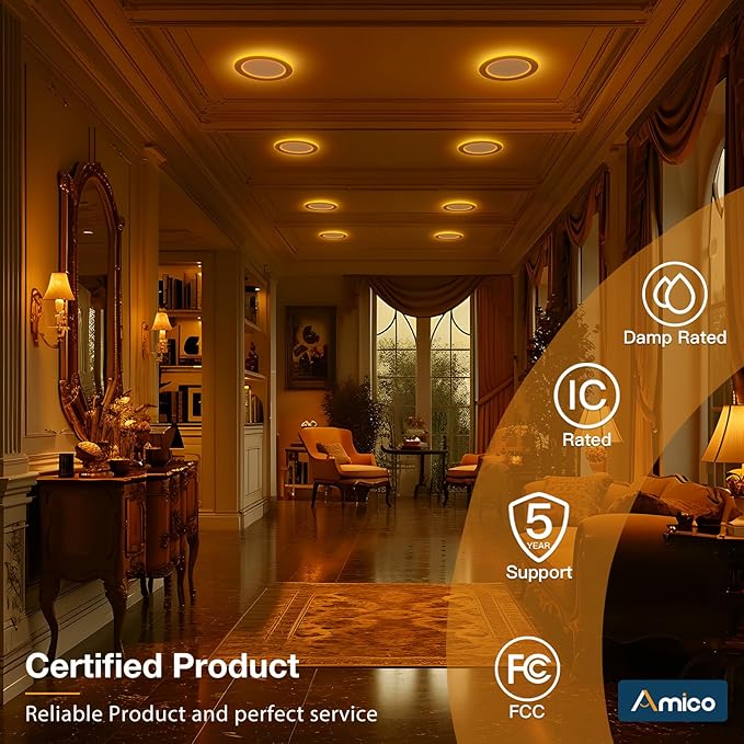 Amico 1 Pack 6 Inch 5CCT LED Recessed Ceiling Light with Double Ring Night Light, 2700-5000K Selectable Ultra-Thin Recessed Lighting, 12W=110W, 1100LM, Dimmable Canless Wafer Downlight, ETL, FCC