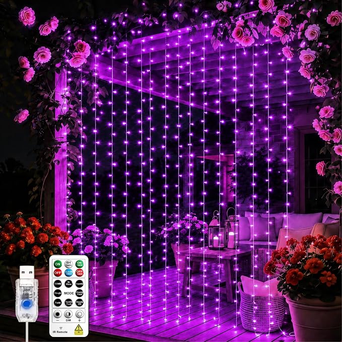 Curtain Light for Bedroom, 200LED 6.6x6.6ft Purple Window Wall Hanging Fairy Curtain String Light, 8 Modes Remote Fairy String Lights Indoor for Wedding Party Home Garden Decorations
