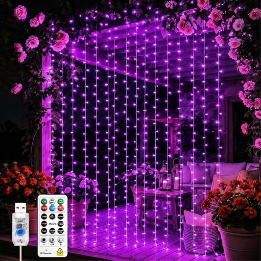 Curtain Light for Bedroom, 200LED 6.6x6.6ft Purple Window Wall Hanging Fairy Curtain String Light, 8 Modes Remote Fairy String Lights Indoor for Wedding Party Home Garden Decorations